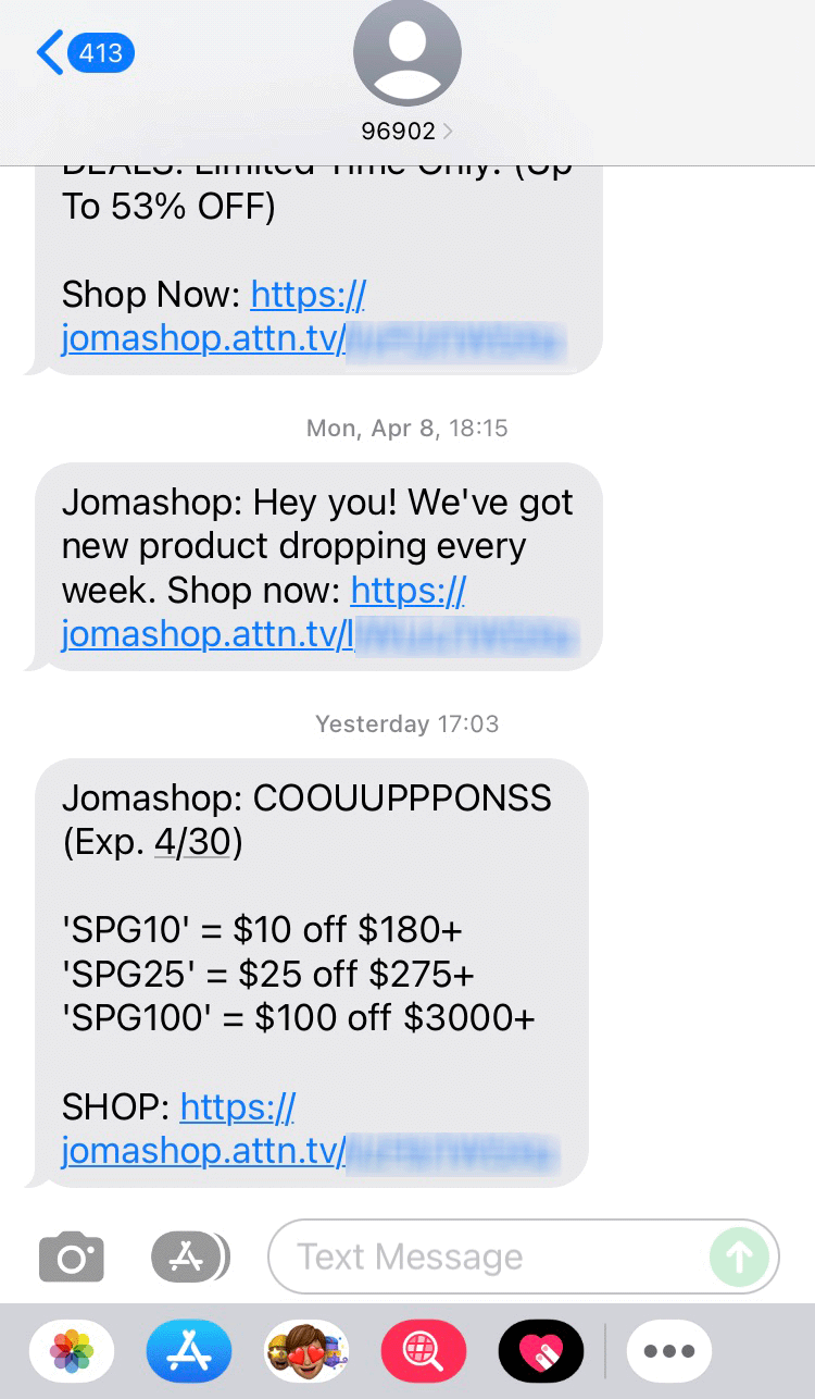 Short Code Jomashop text messaging