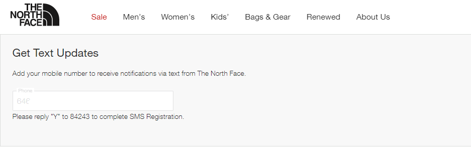 Short Code The North Face text messaging