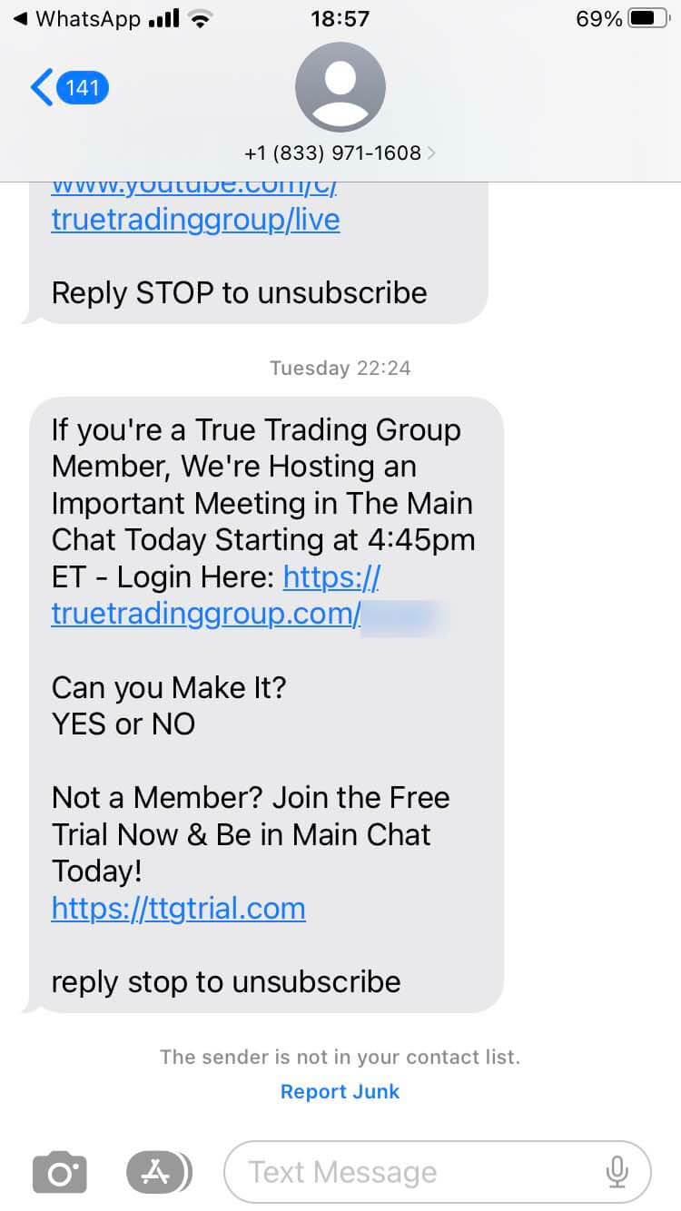 Long Code True Trading Group text messaging