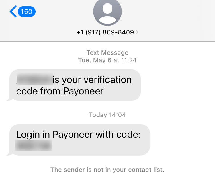 Long Code Payoneer text messaging