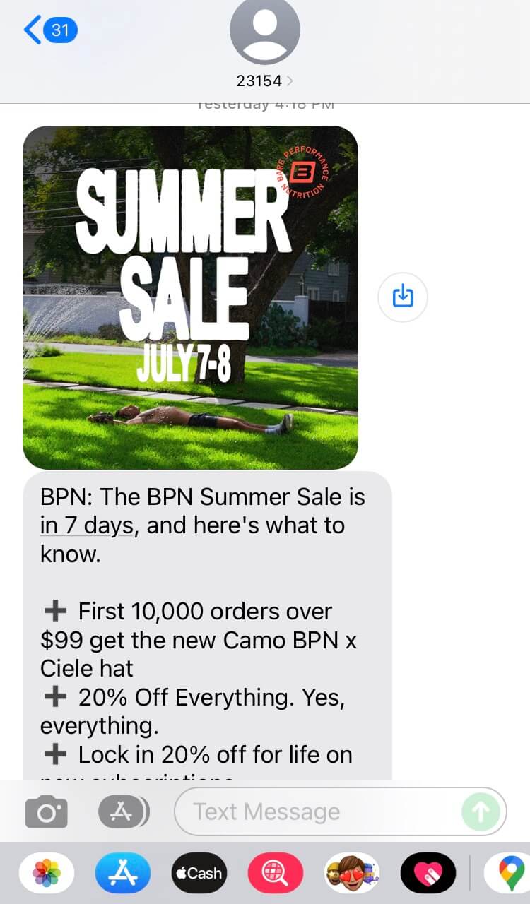 Short Code Bare Performance Nutrition text messaging