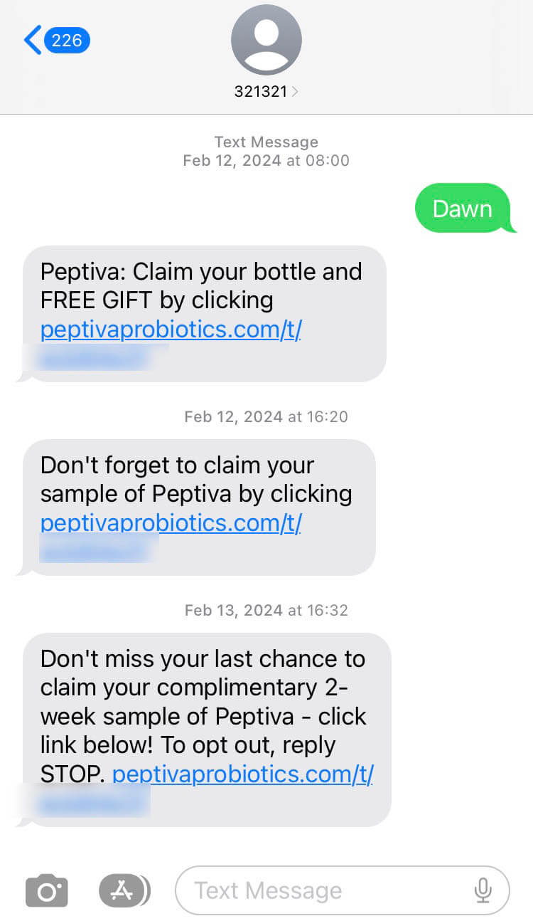 Short Code Instaflex/Peptiva text messaging