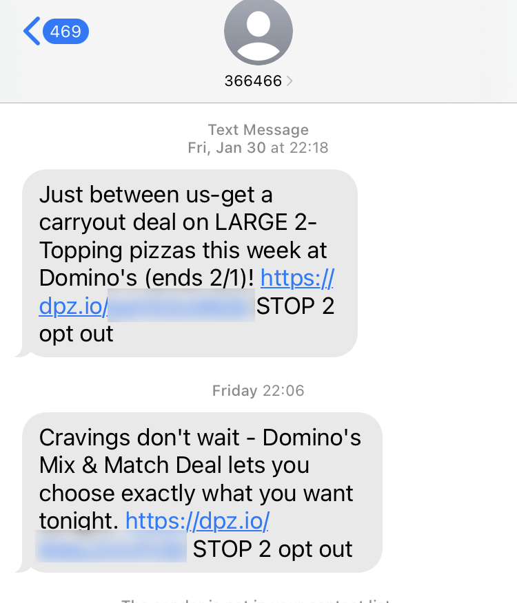Short Code Domino's Pizza text messaging