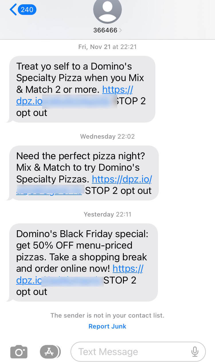 Short Code Domino's Pizza text messaging