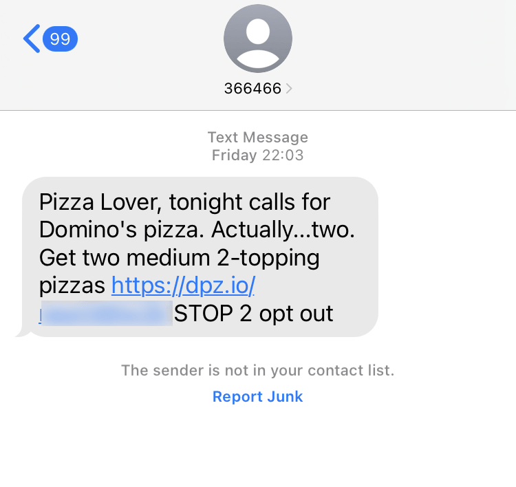 Short Code Domino's Pizza text messaging
