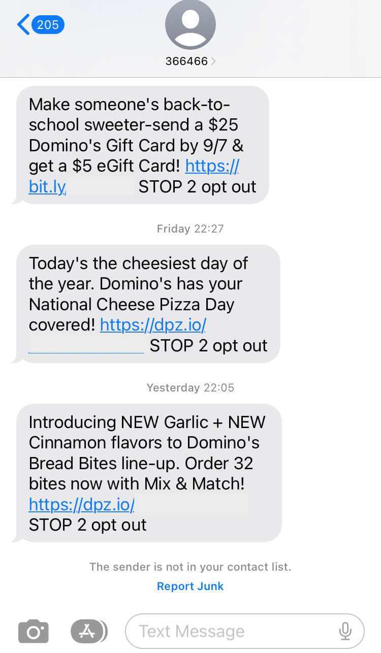 Short Code Domino's Pizza text messaging