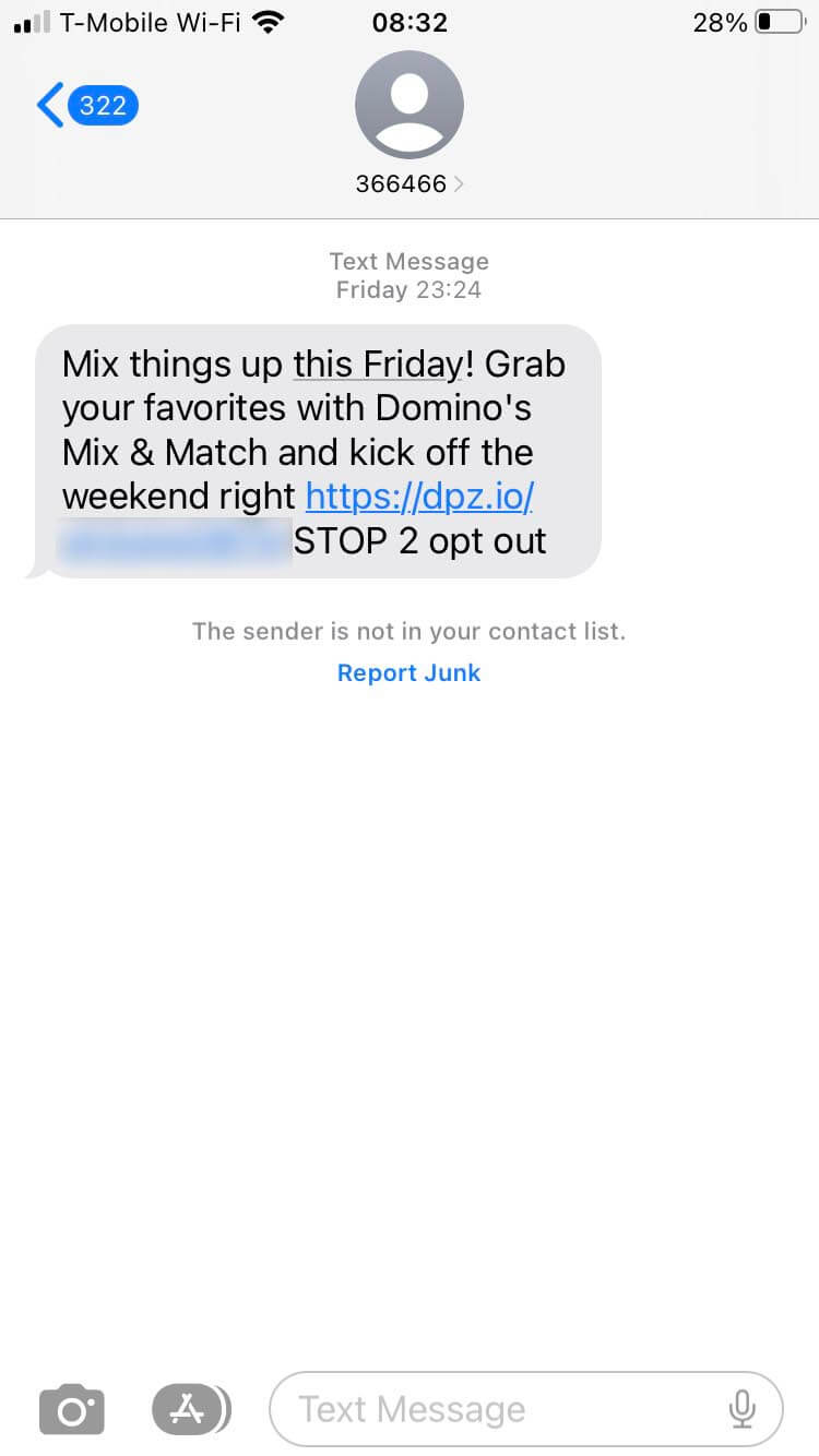 Short Code Domino's Pizza text messaging