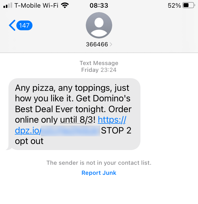 Short Code Domino's Pizza text messaging