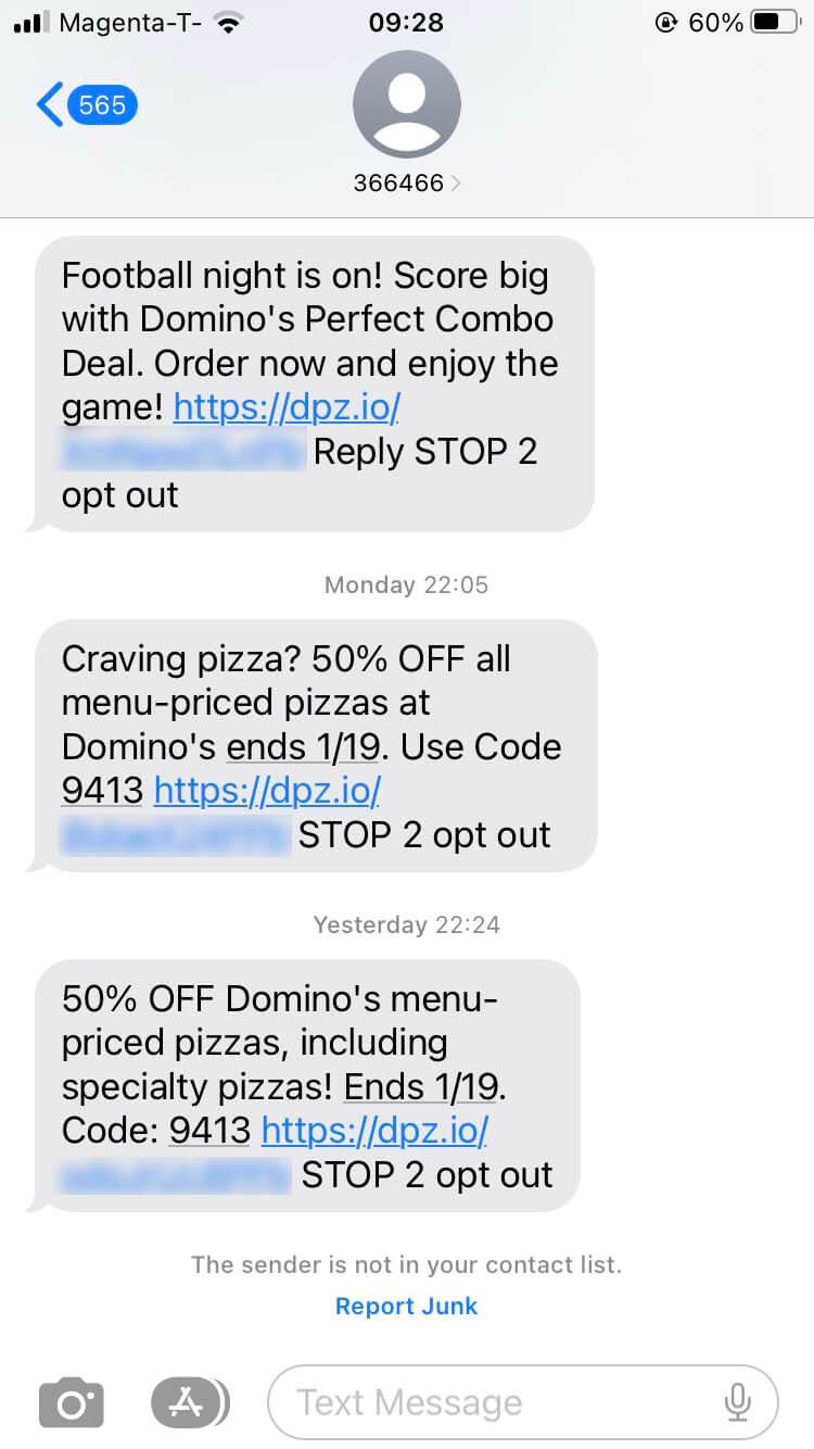 Short Code Domino's Pizza text messaging