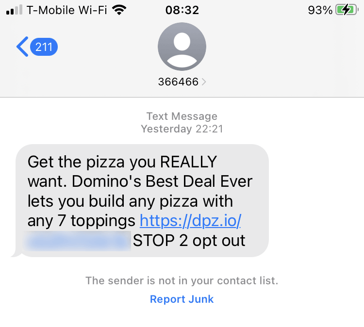 Short Code Domino's Pizza text messaging