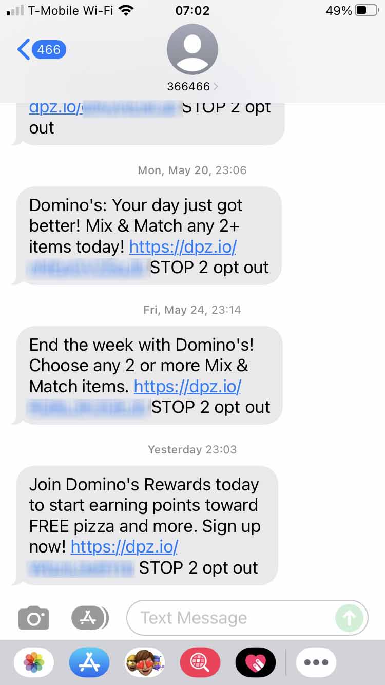 Short Code Domino's Pizza text messaging