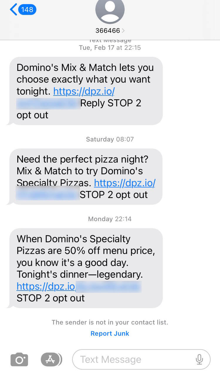 Short Code Domino's Pizza text messaging