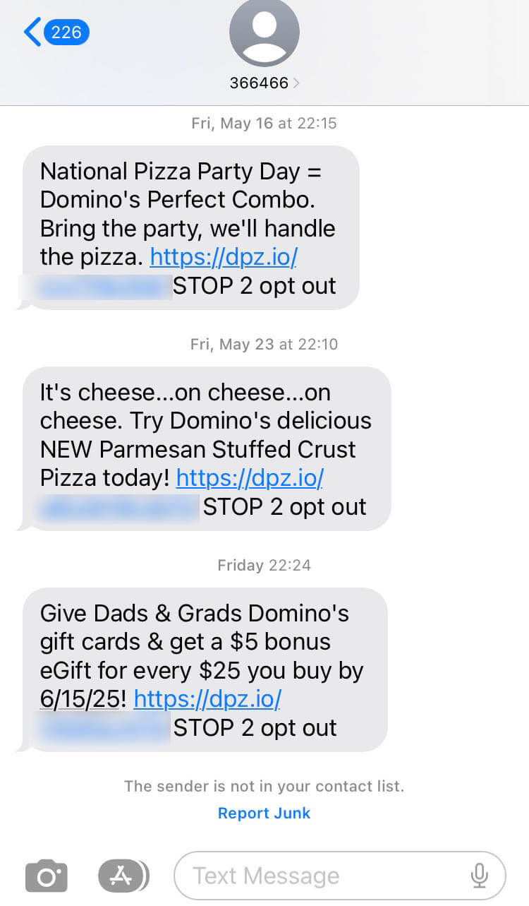 Short Code Domino's Pizza text messaging