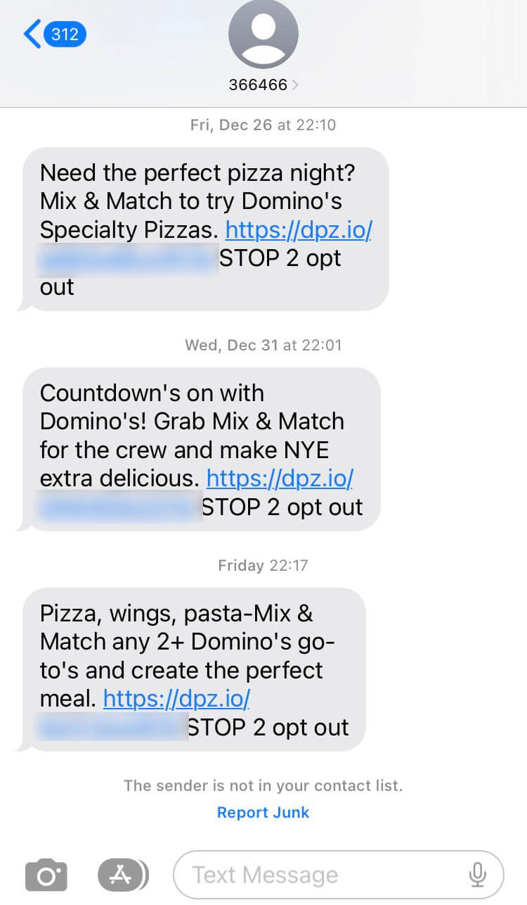 Short Code Domino's Pizza text messaging