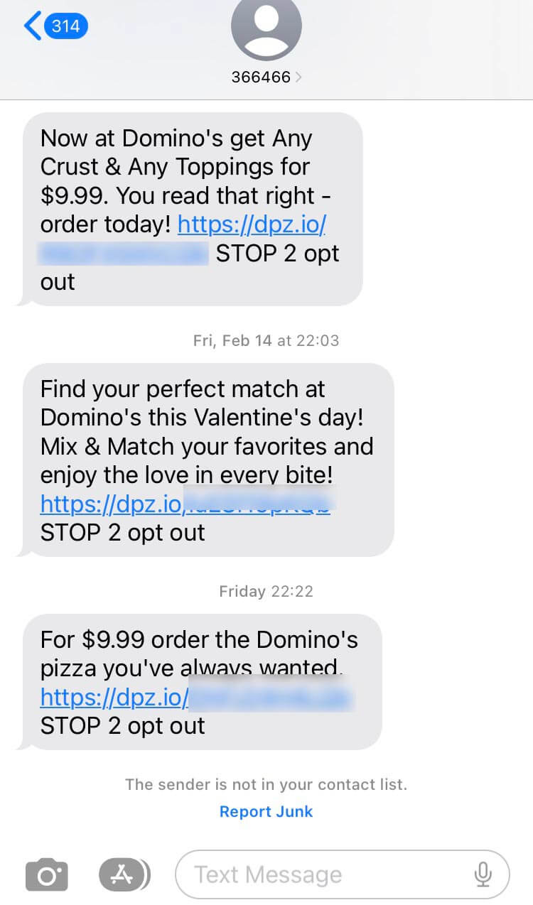 Short Code Domino's Pizza text messaging