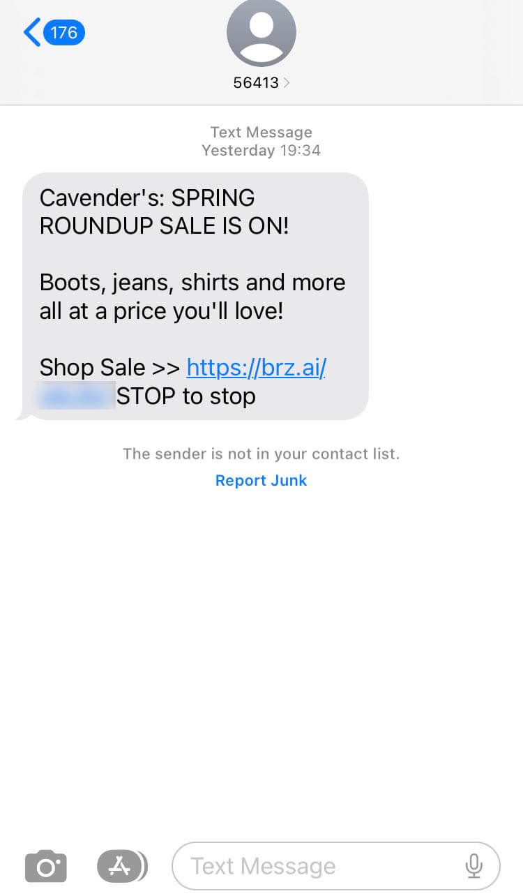 Short Code Cavender Investment Properties, Ltd text messaging