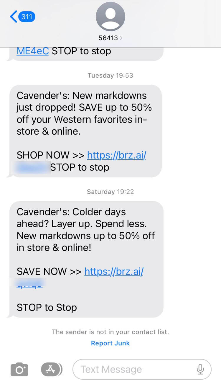 Short Code Cavender Investment Properties, Ltd text messaging