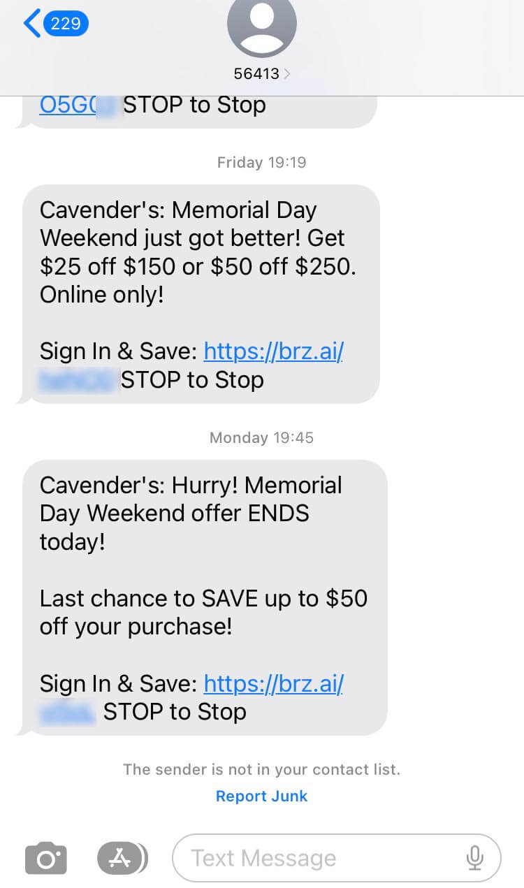 Short Code Cavender Investment Properties, Ltd text messaging