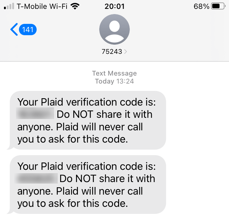 Short Code Plaid  text messaging