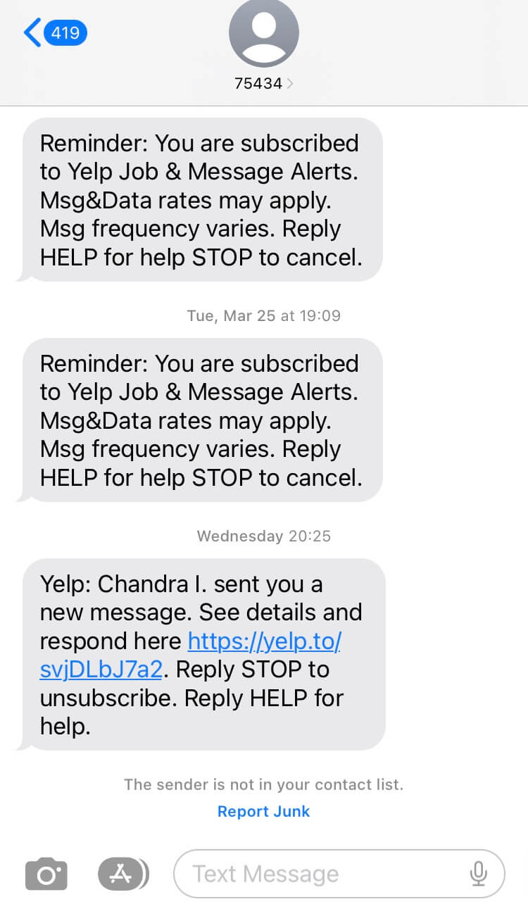 Short Code Yelp text messaging