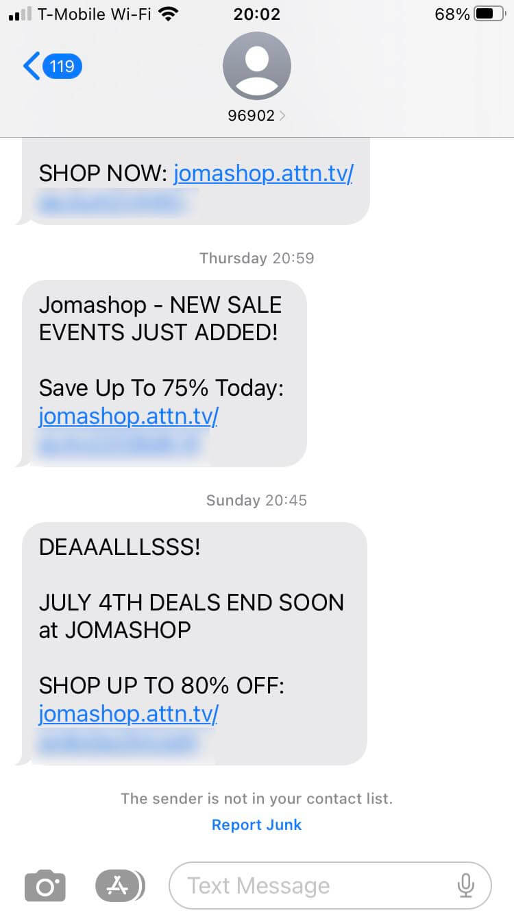 Short Code Jomashop text messaging