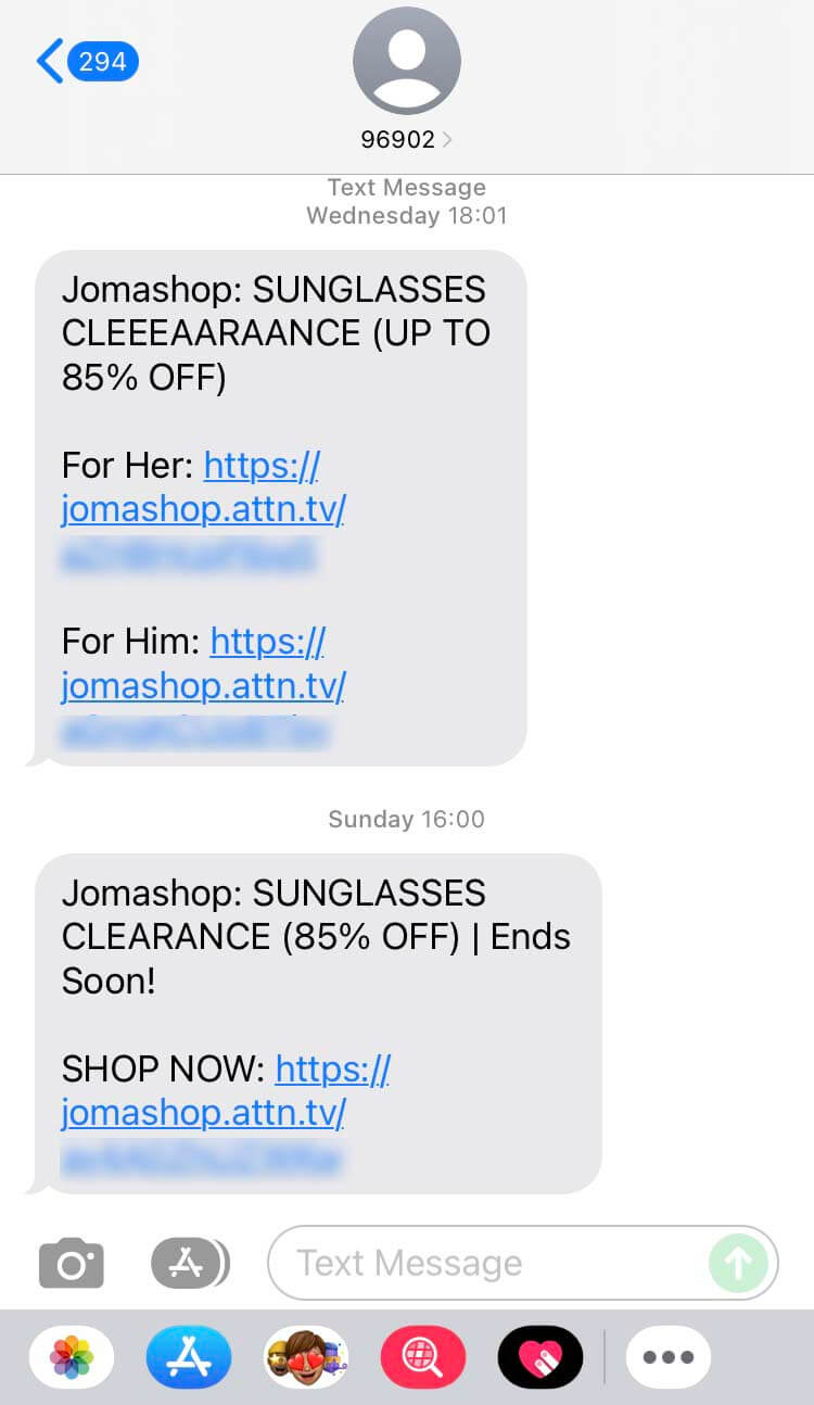 Short Code Jomashop text messaging