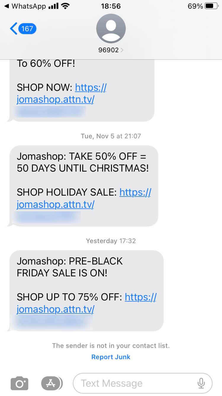 Short Code Jomashop text messaging