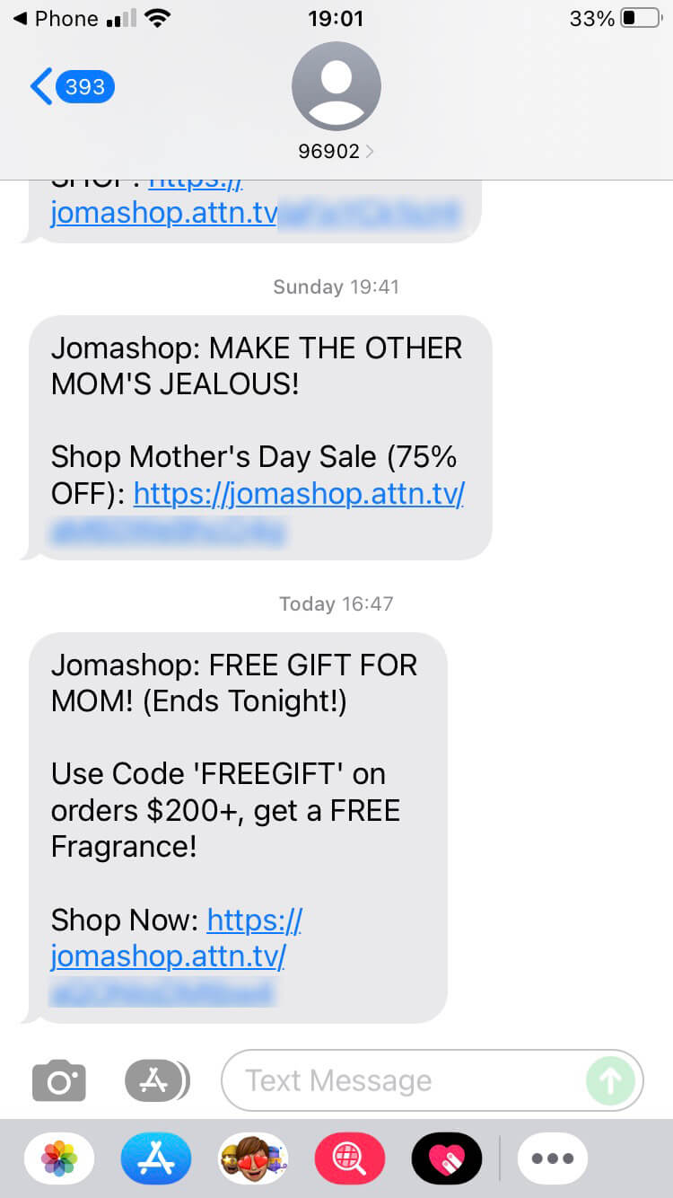 Short Code Jomashop text messaging