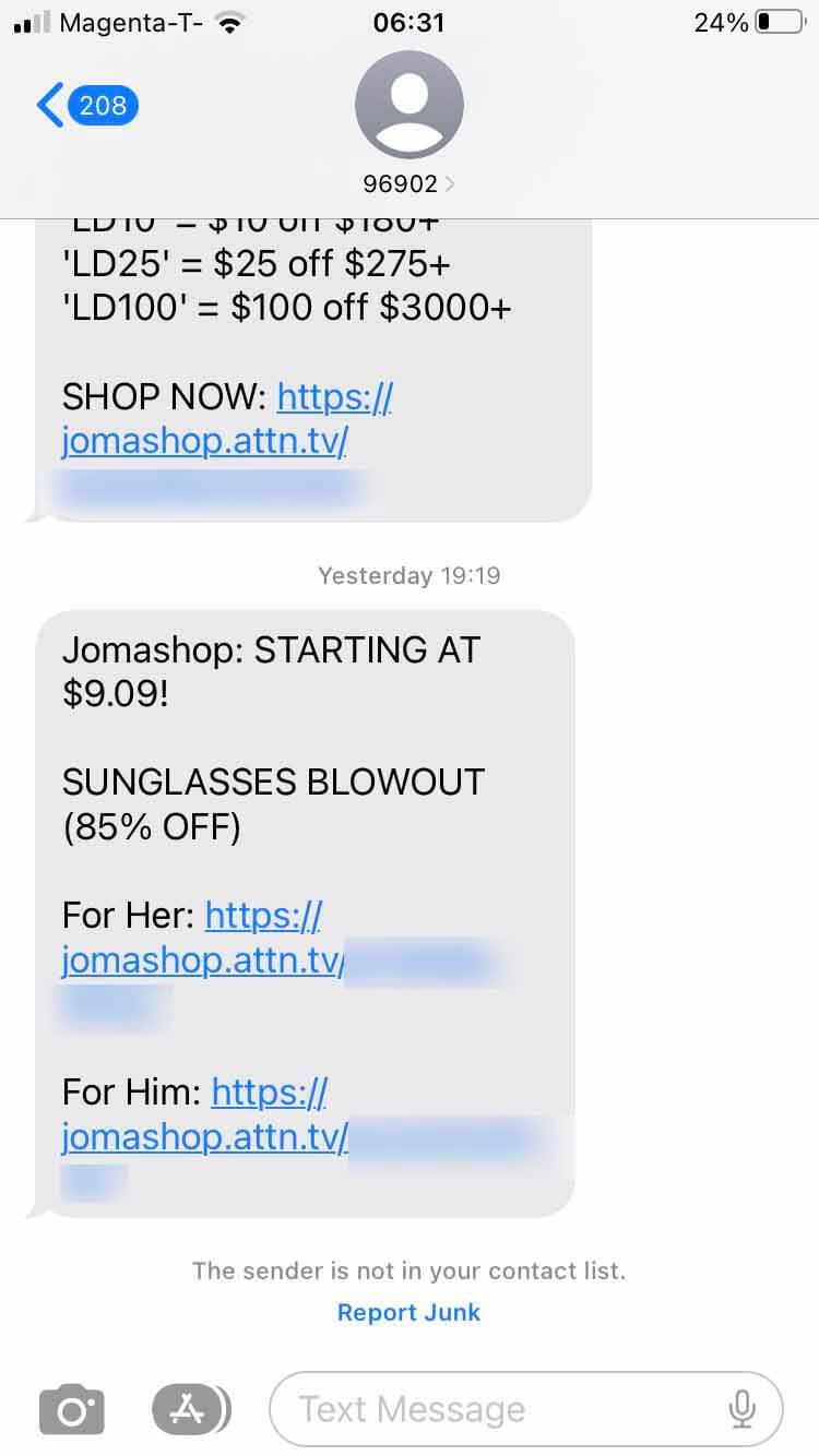 Short Code Jomashop text messaging