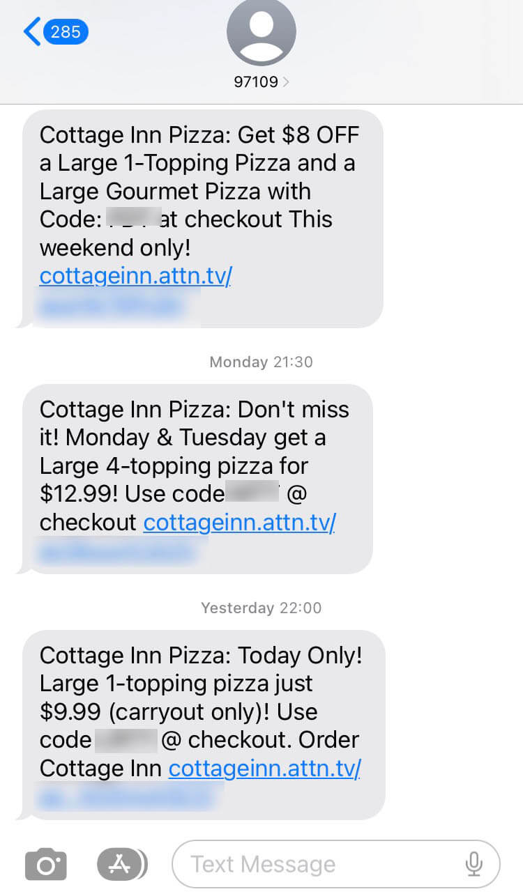 Short Code Cottage Inn Pizza text messaging