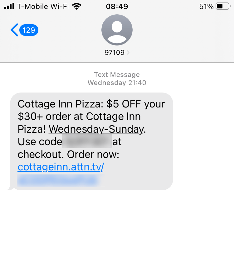 Short Code Cottage Inn Pizza text messaging