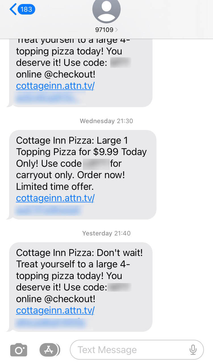 Short Code Cottage Inn Pizza text messaging