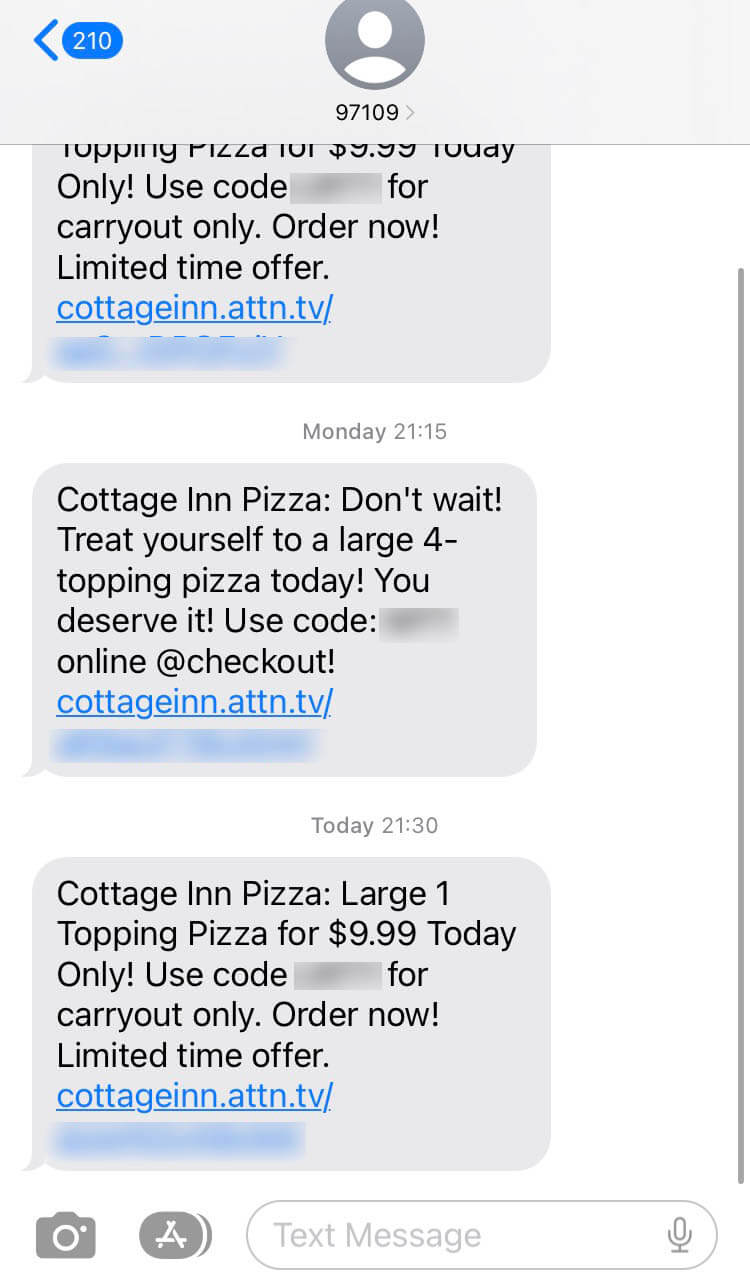Short Code Cottage Inn Pizza text messaging