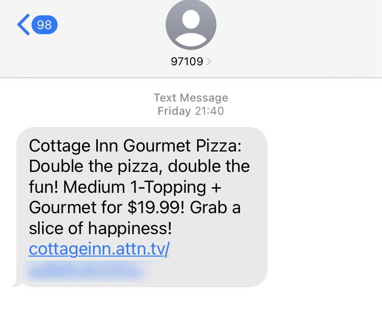 Short Code Cottage Inn Pizza text messaging