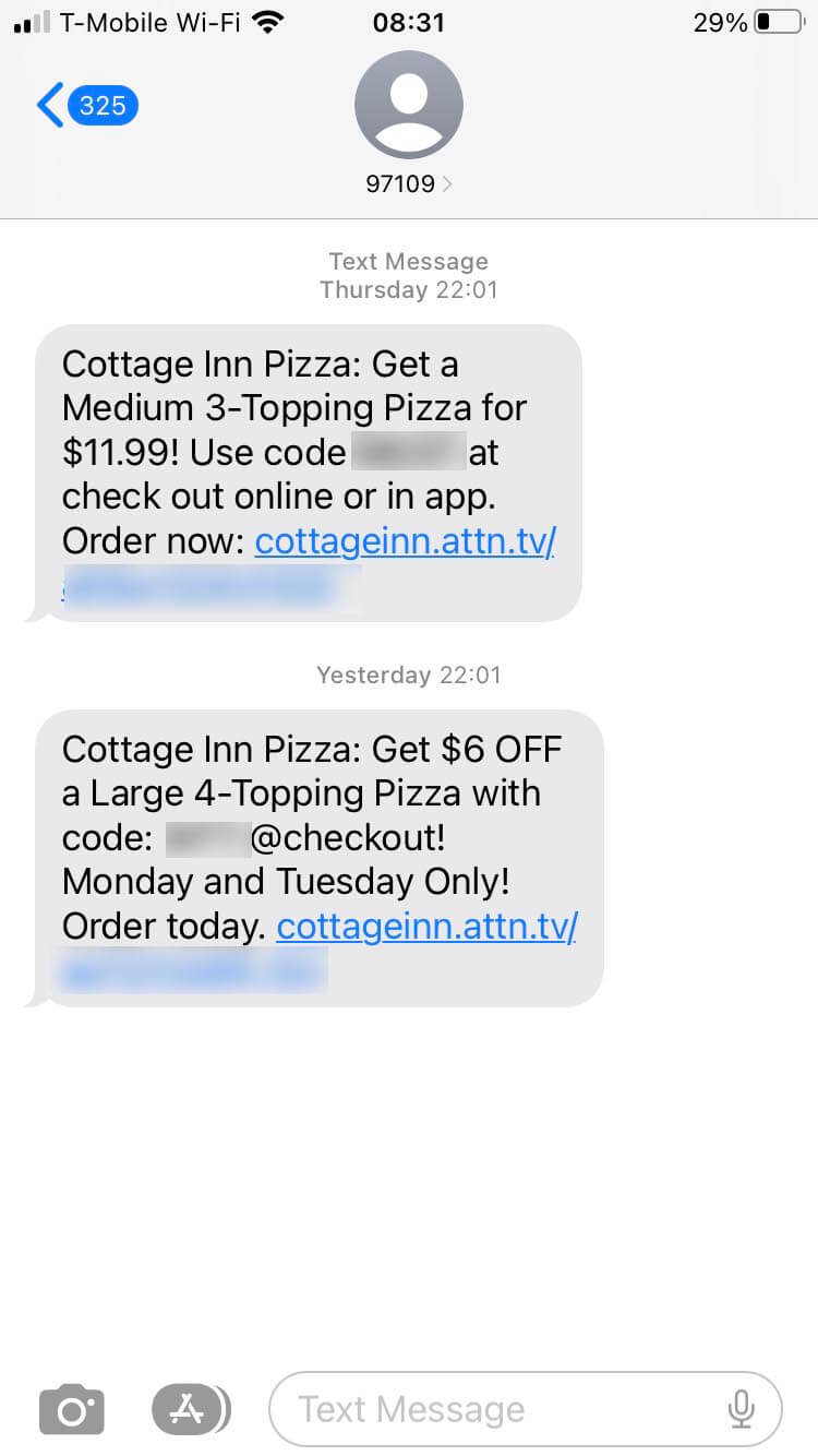 Short Code Cottage Inn Pizza text messaging