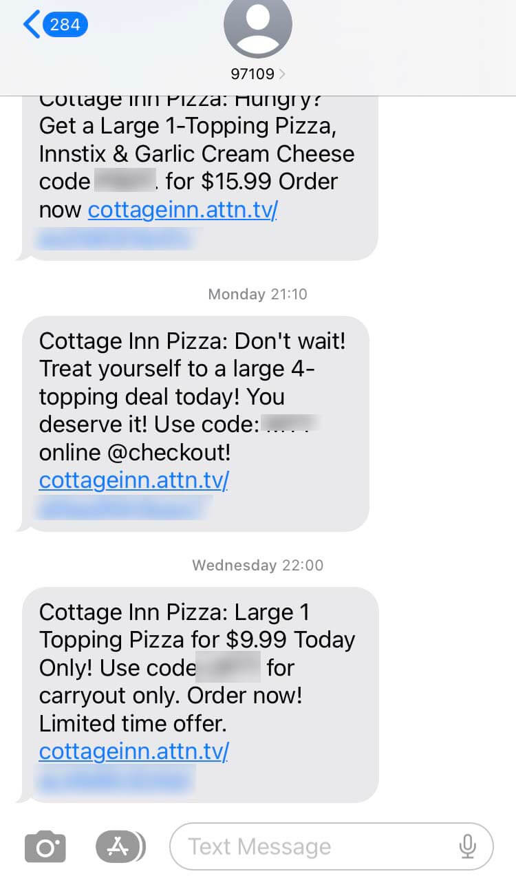 Short Code Cottage Inn Pizza text messaging
