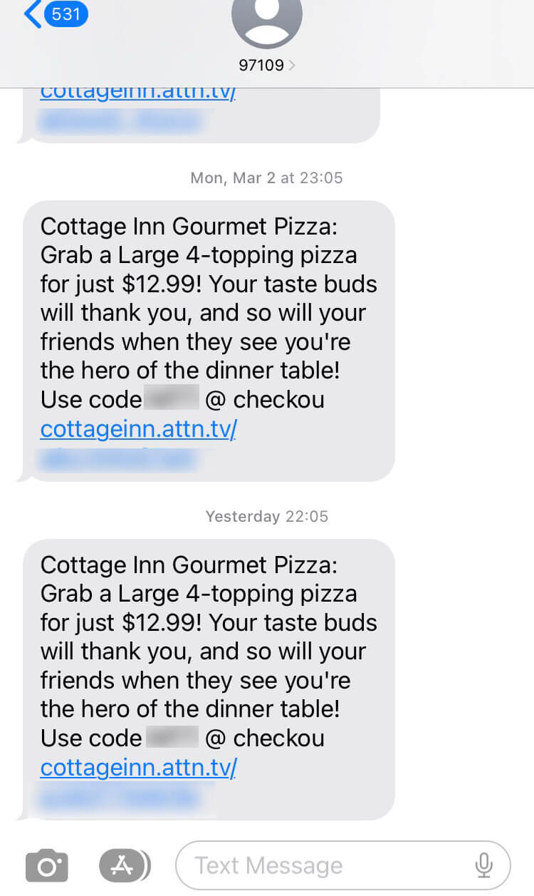 Short Code Cottage Inn Pizza text messaging