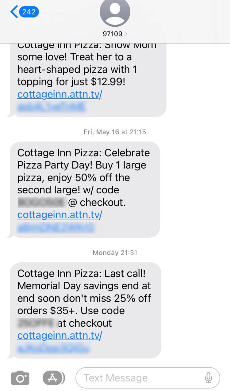 Short Code Cottage Inn Pizza text messaging