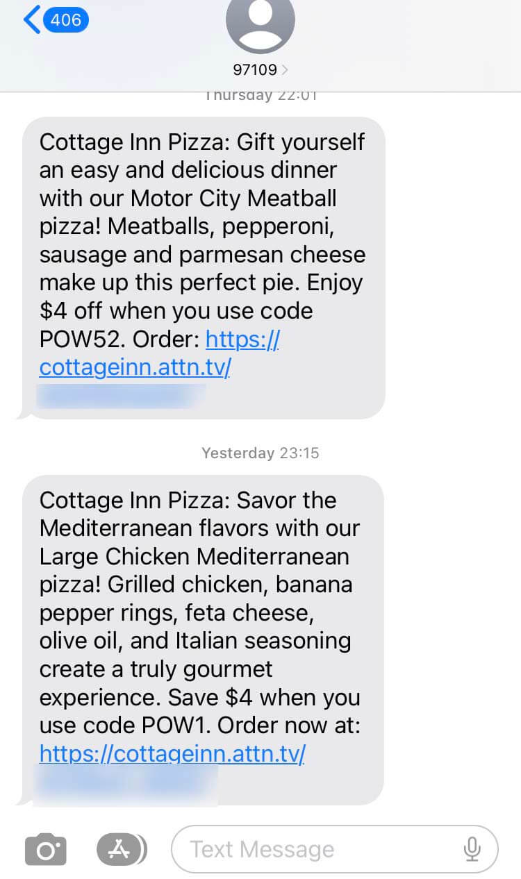 Short Code Cottage Inn Pizza text messaging