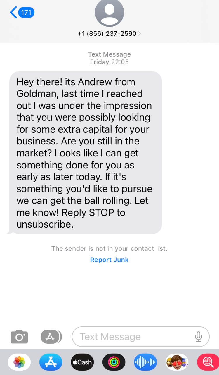 Long Code Goldman Financial text messaging