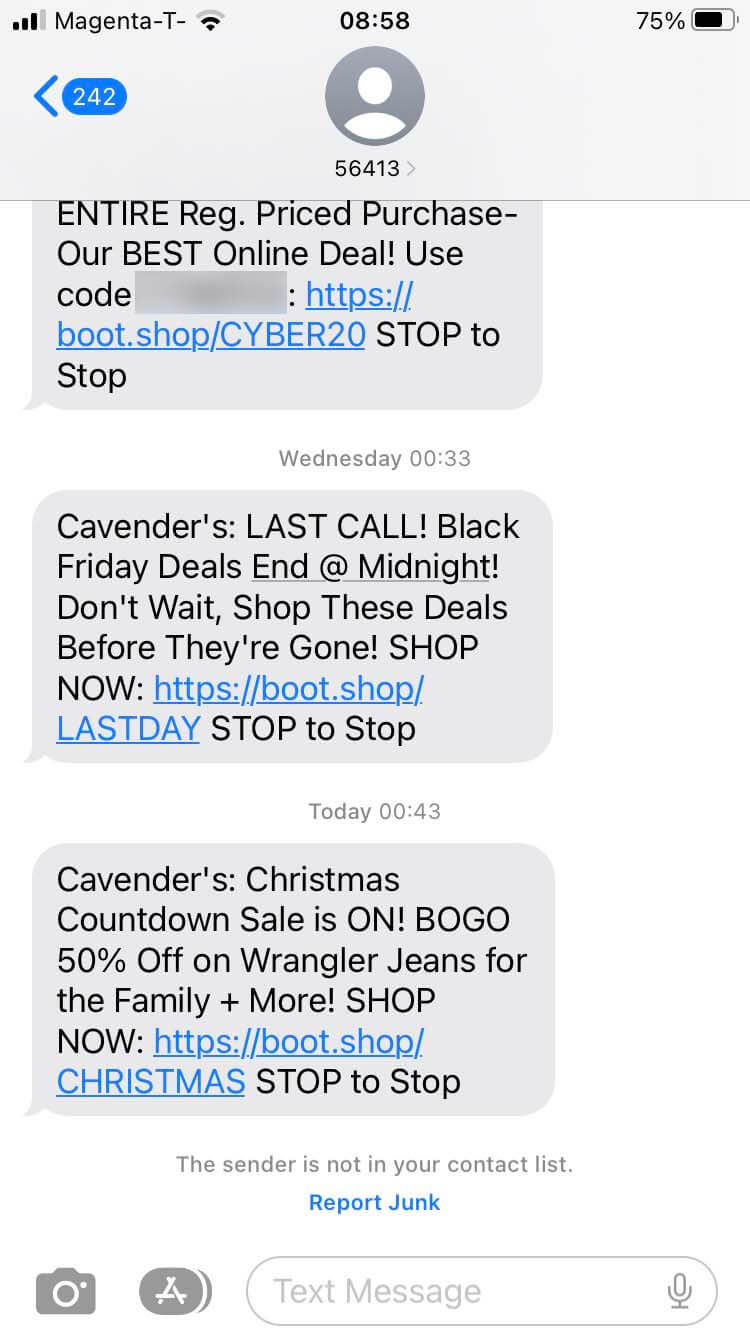 Short Code Cavender Investment Properties, Ltd text messaging