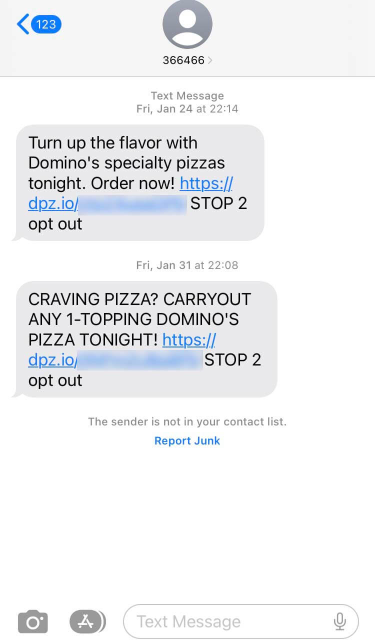 Short Code Domino's Pizza text messaging