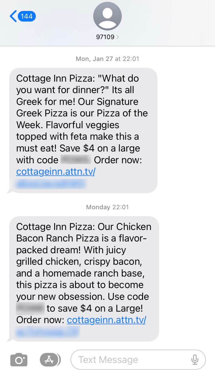 Short Code Cottage Inn Pizza text messaging