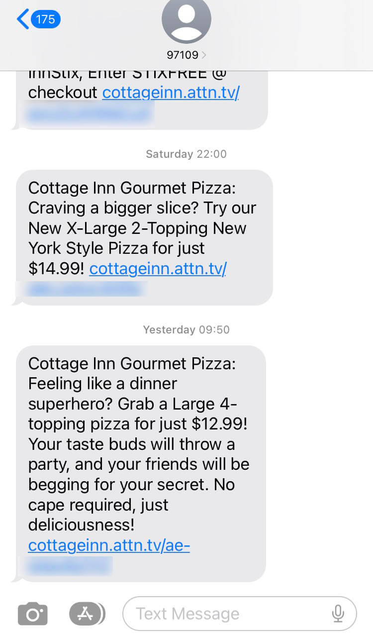 Short Code Cottage Inn Pizza text messaging