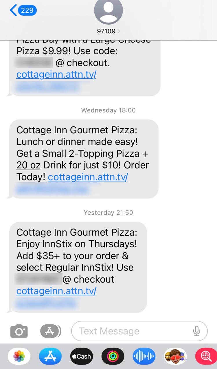 Short Code Cottage Inn Pizza text messaging