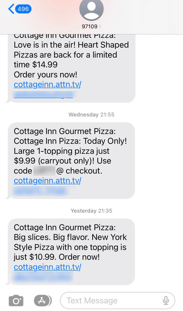 Short Code Cottage Inn Pizza text messaging