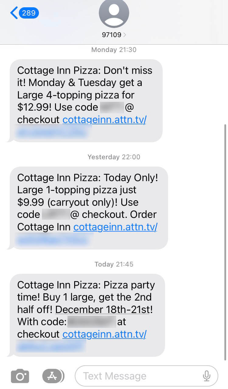 Short Code Cottage Inn Pizza text messaging