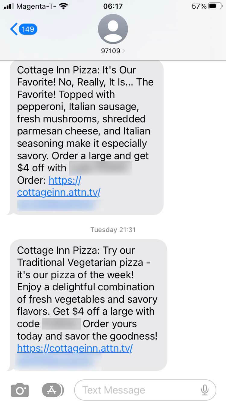 Short Code Cottage Inn Pizza text messaging