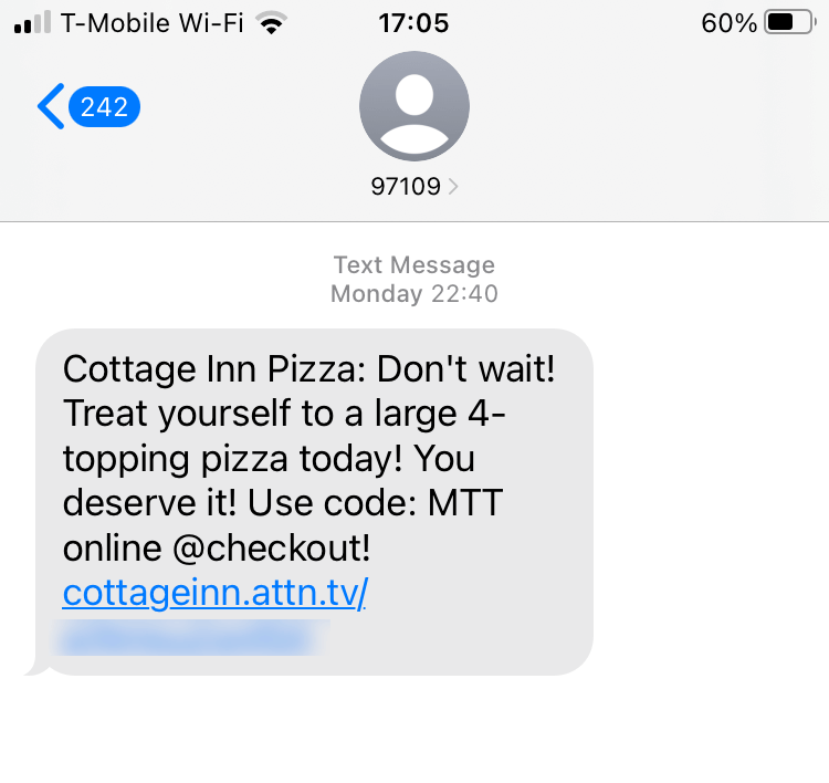 Short Code Cottage Inn Pizza text messaging