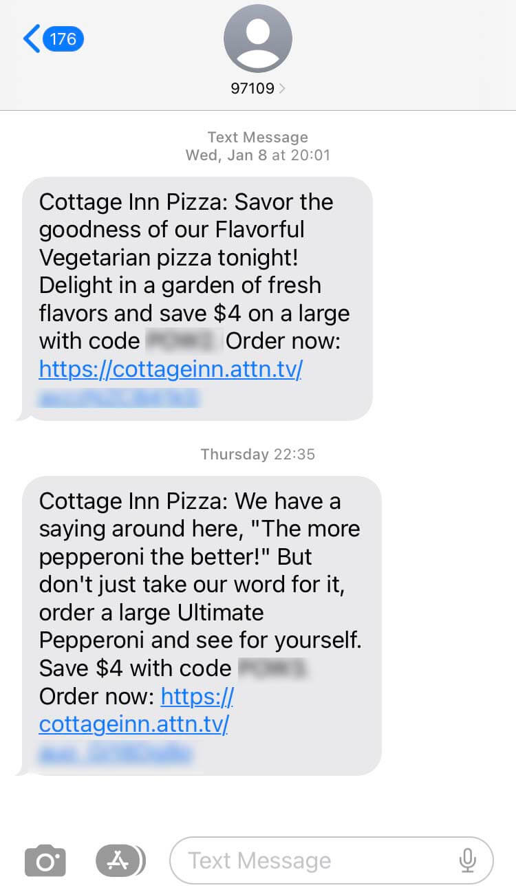 Short Code Cottage Inn Pizza text messaging